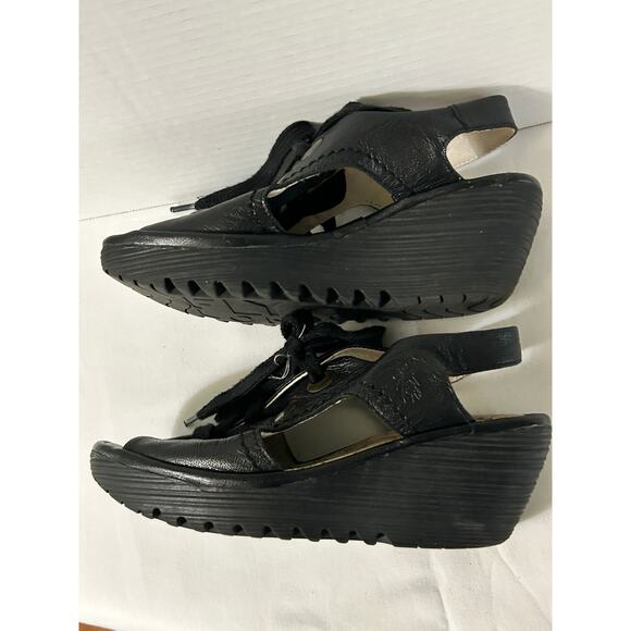 FLY London Black Leather Lace Up Wedge Sandals-YLVA Very Retro-Size 37 US 6.5/7 - Picture 5 of 6